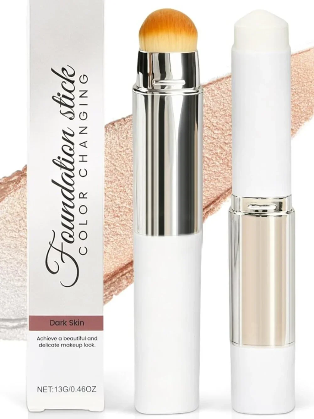 Color-Changing Foundation Stick with Brush, 2-in-1 Makeup & Concealer Dark Skin